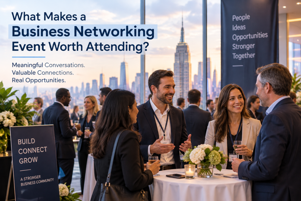 bright, modern New York Business networking event, people having natural conversations around tables, flowers/event décor visible, professional but relaxed atmosphere, realistic photography style.